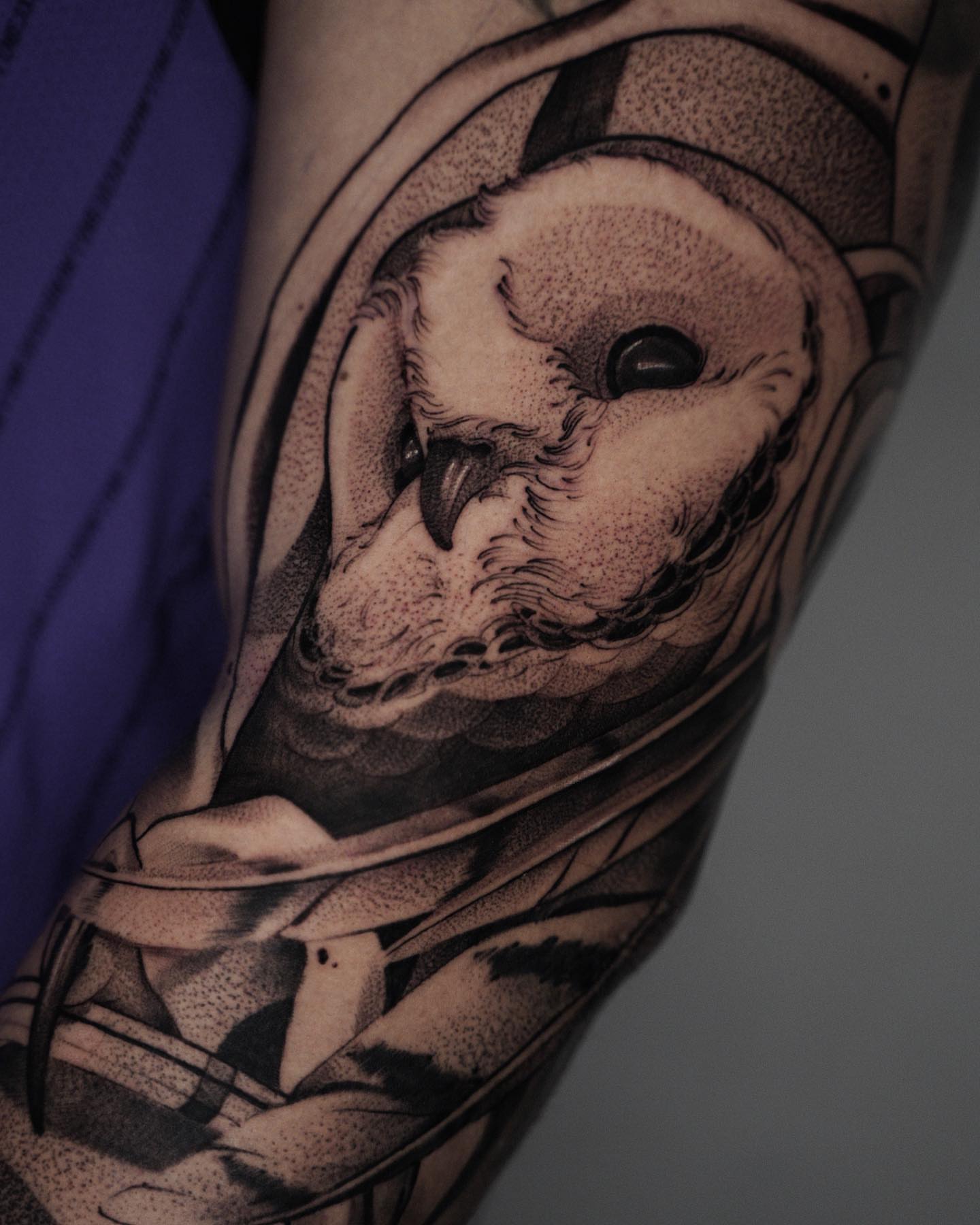 Owl dotwork tattoo on the forearm by Manuel Alejandro Maldonado