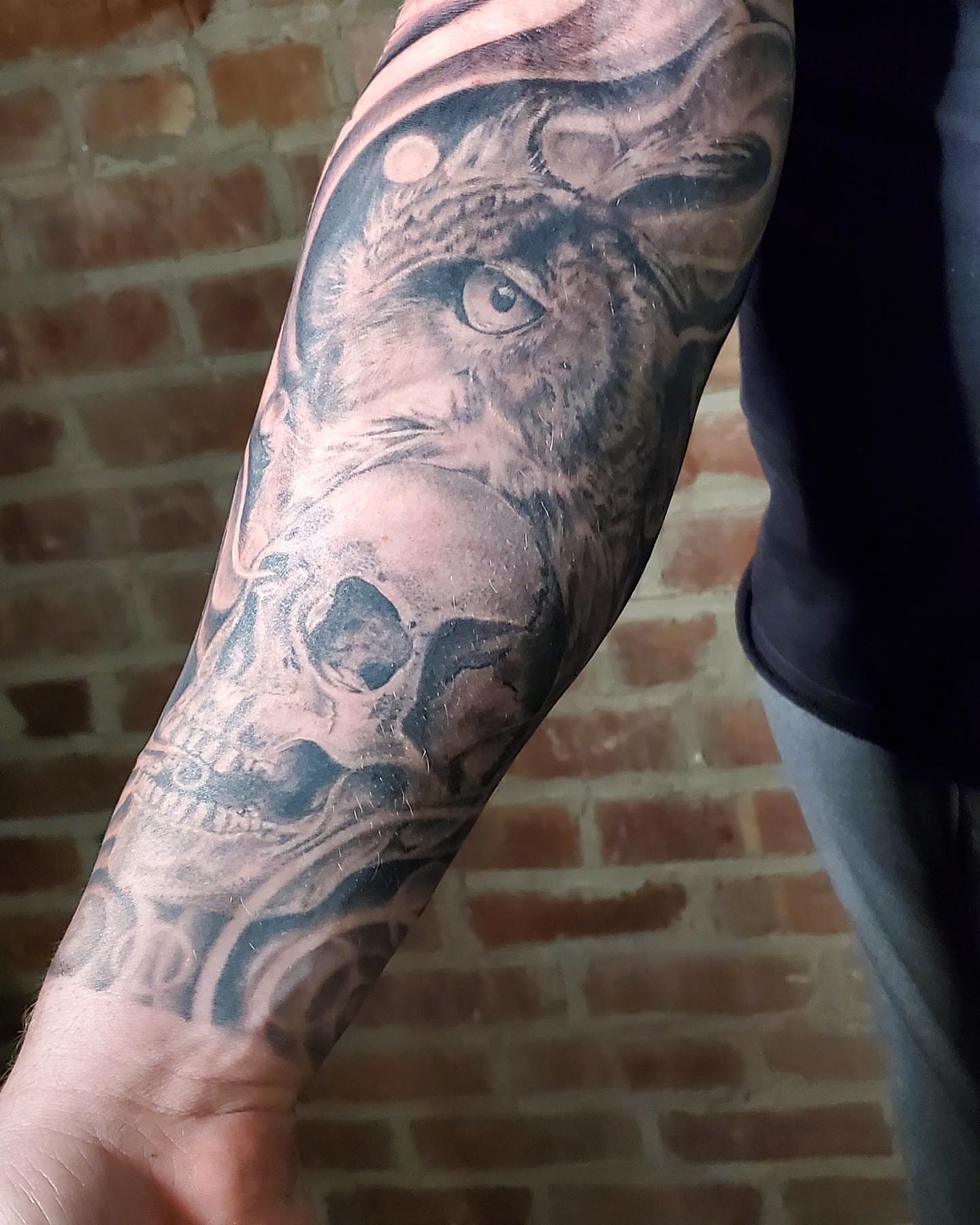 Owl and skull realism tattoo on the forearm by William Gualteros