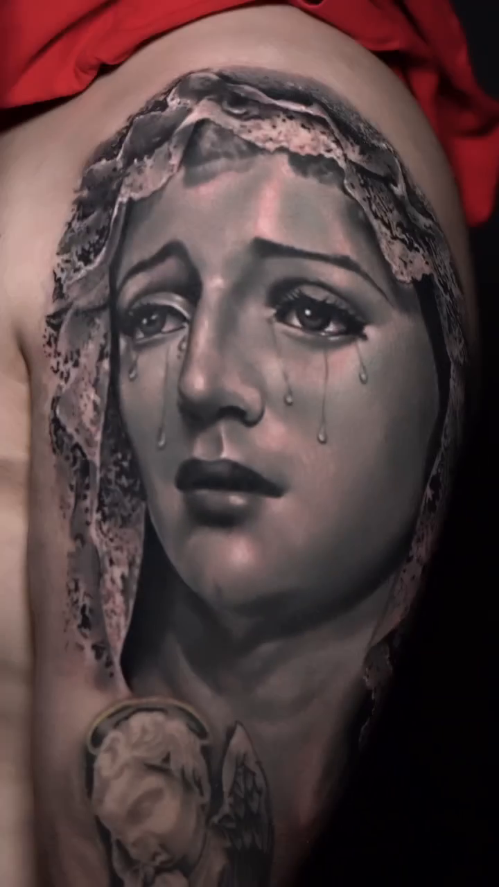Weeping Virgin Mary realism tattoo by Guillermo Columbie, Houston, Texas