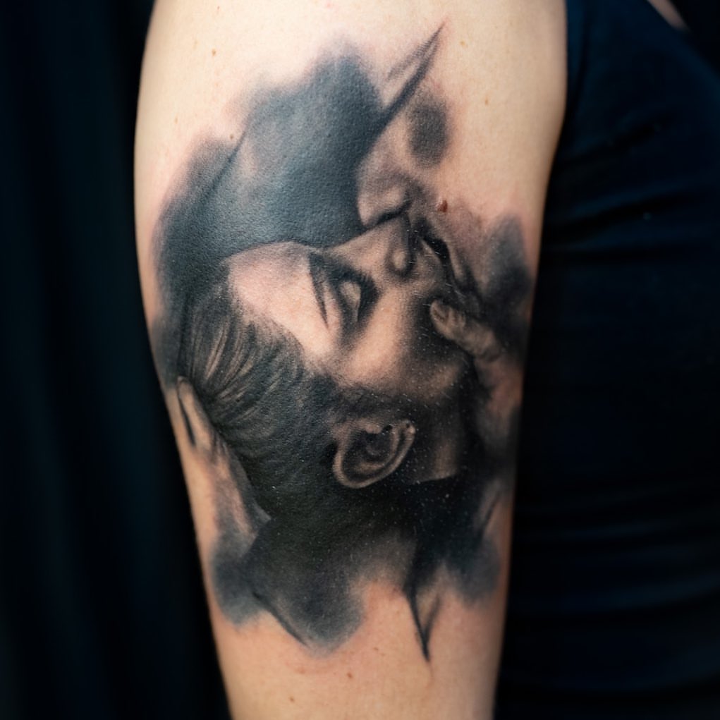 Man's face black and grey tattoo on the forearm by Matt Vaught π Dark Surrealism
