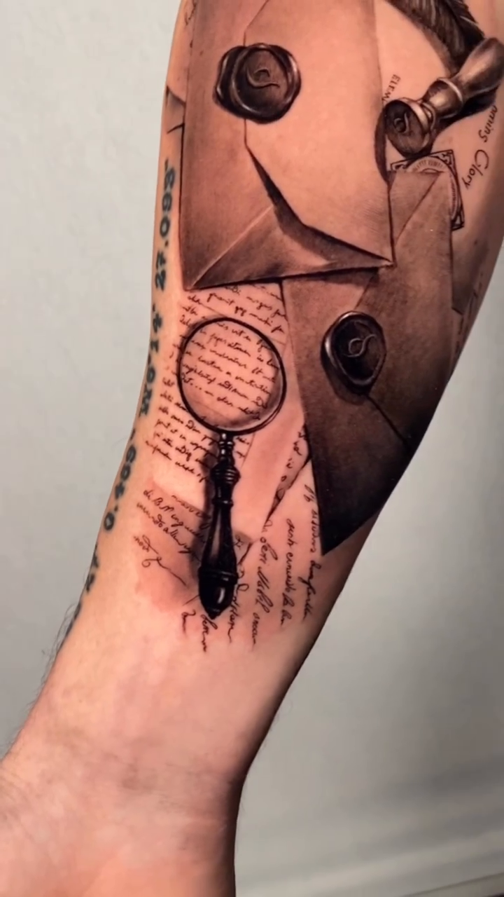 Vintage stationery and writing tools realism tattoo by Giona Starace