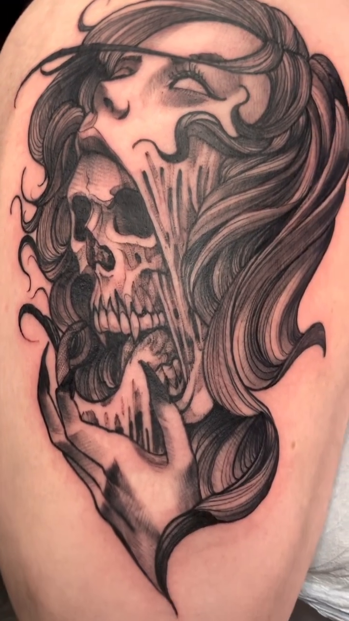 Screaming skull emerging from a face dark realism tattoo by ⚔ Dylan Smith ⚔, Richmond, Virginia
