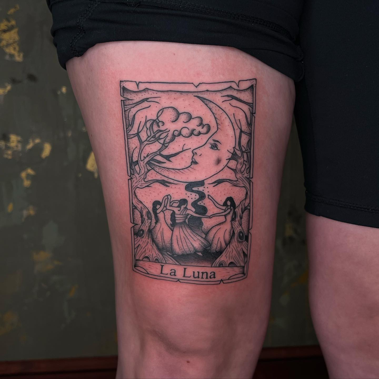 La Luna dotwork tattoo on the thigh by ⊹ ࣪ ₊✩‧₊˚ 𝖘 𝖙 𝖊 𝖕 𝖍 𝖆 𝖓 𝖎 𝖊 ˚₊‧✩₊ ࣪ ⊹