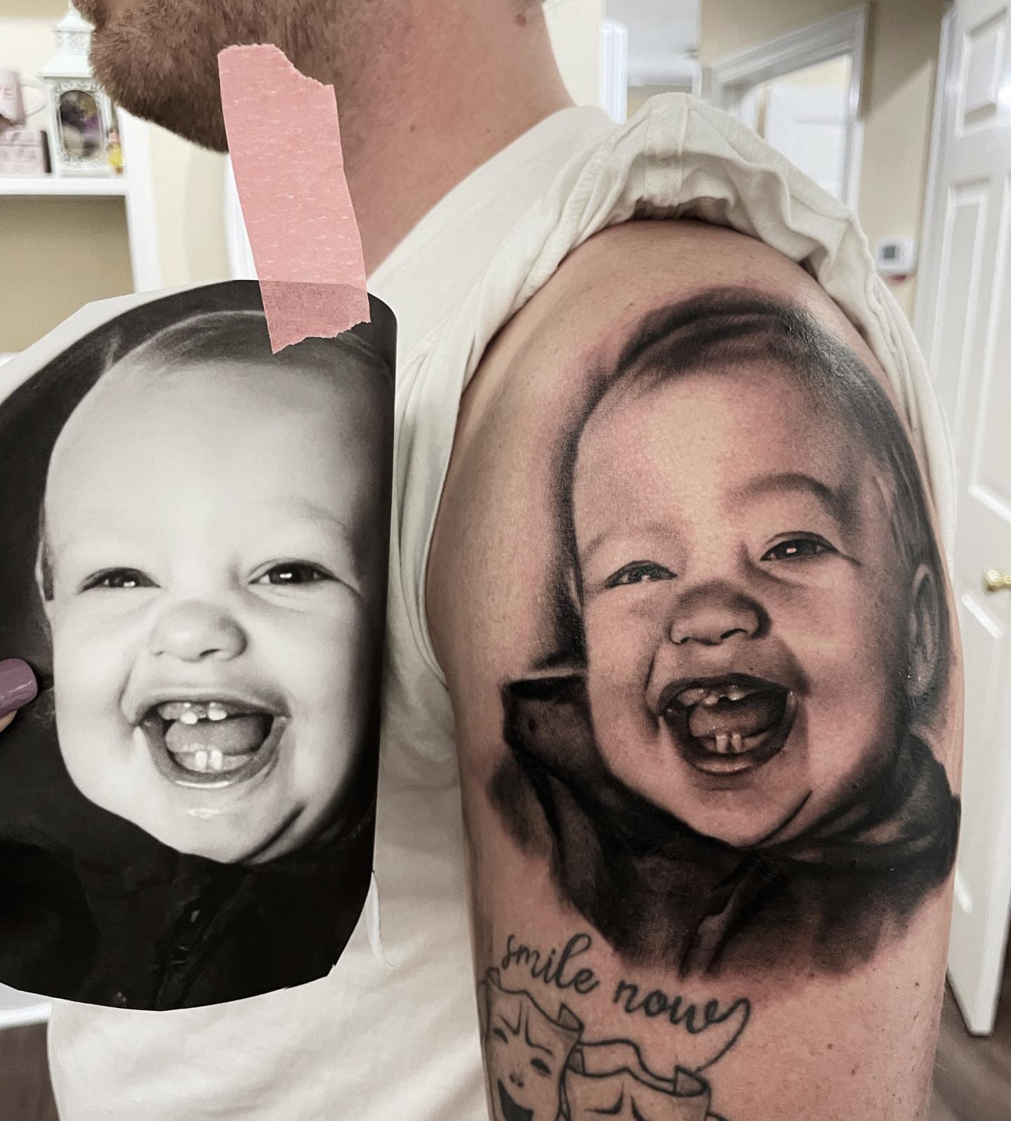 Baby's face realism tattoo on the forearm by Jen Bean, Richmond, Virginia