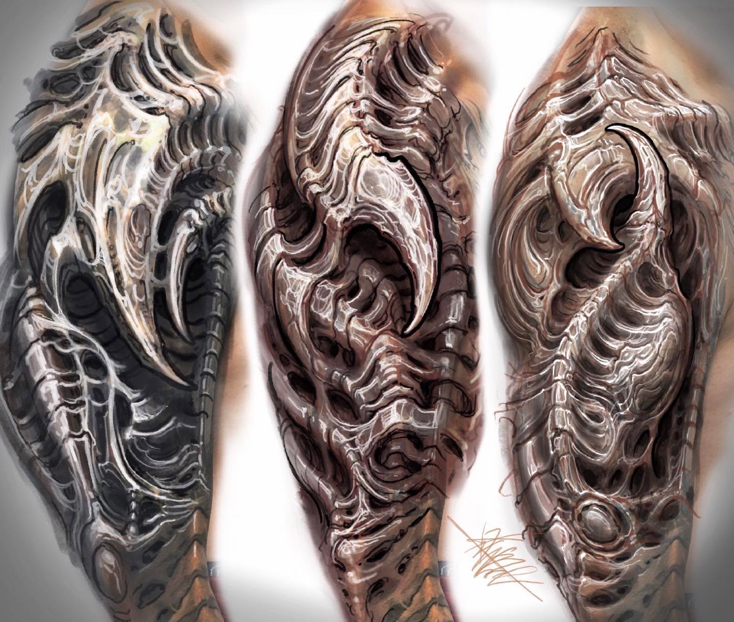Biomechanical structure geometric tattoo on the forearm by Jason Wheelwright