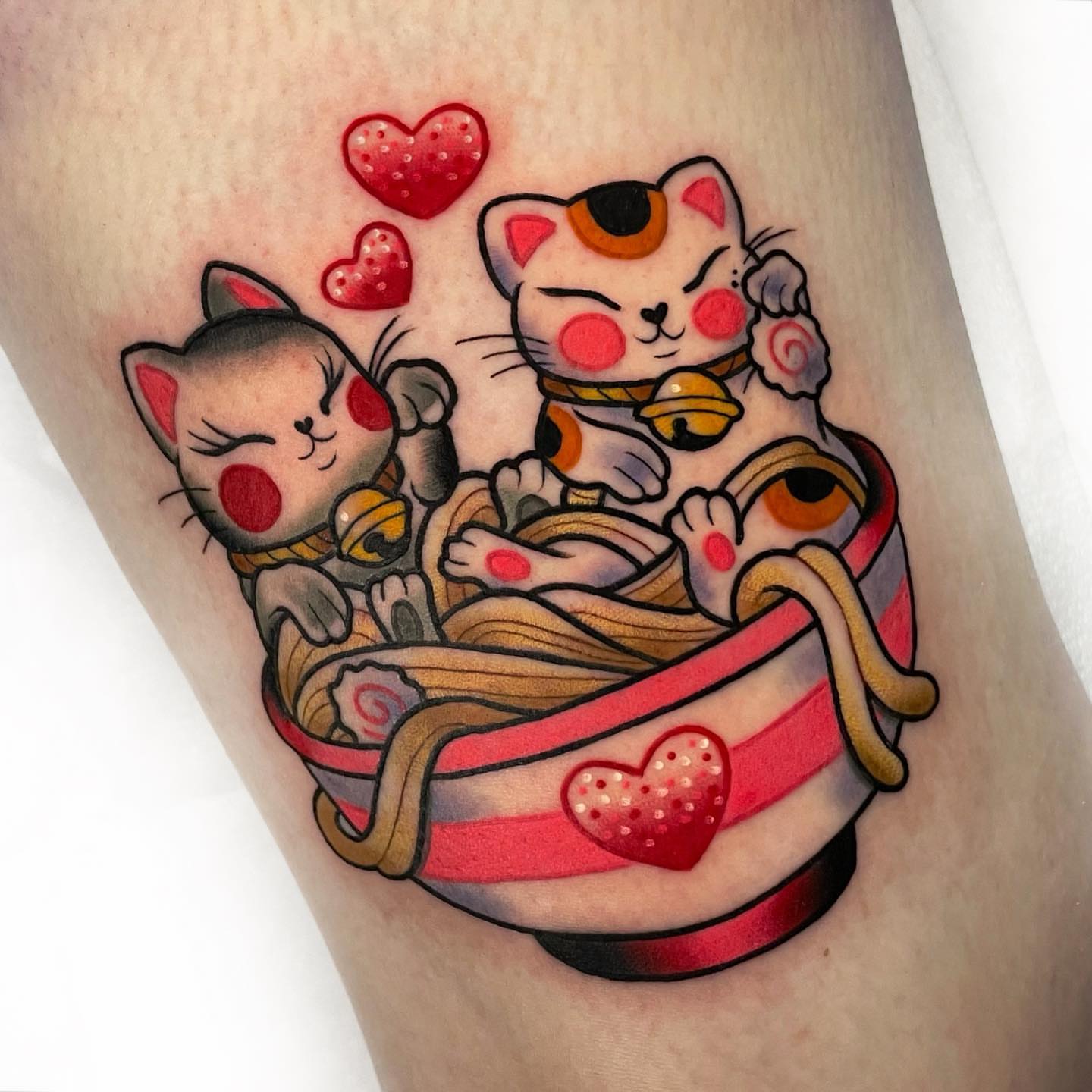 Lucky cat couple American traditional tattoo on the forearm by πππ«π ππ¨ππ₯, Dallas, Texas