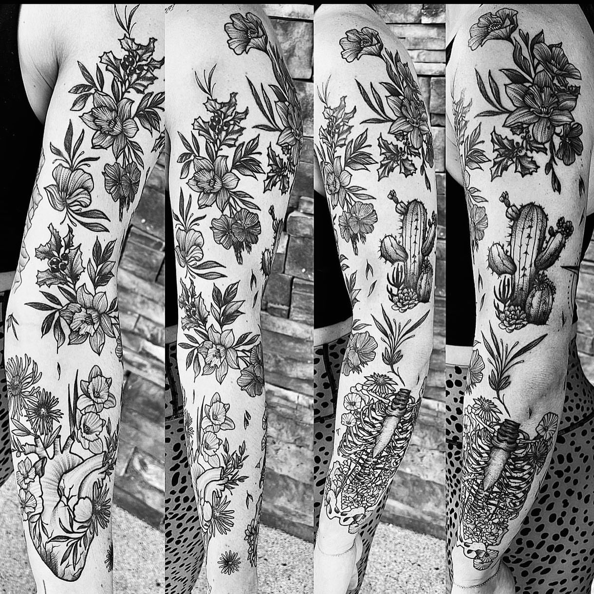 Floral and cactus black and grey tattoo on the upper arm by Cj Hurtado