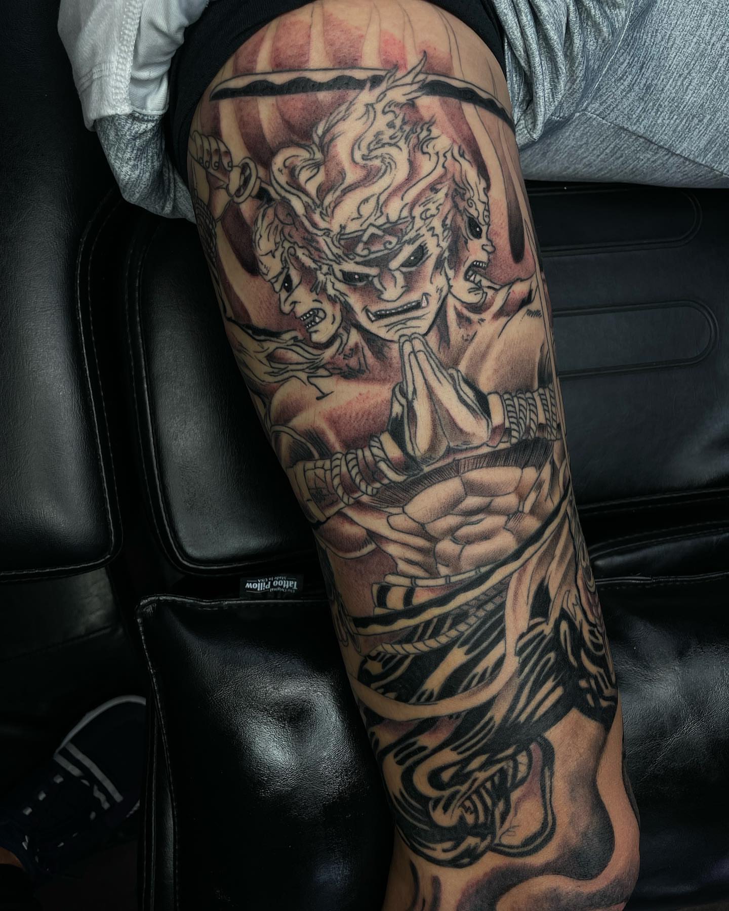 Demon japanese irezumi tattoo on the thigh by Tam Nguyen