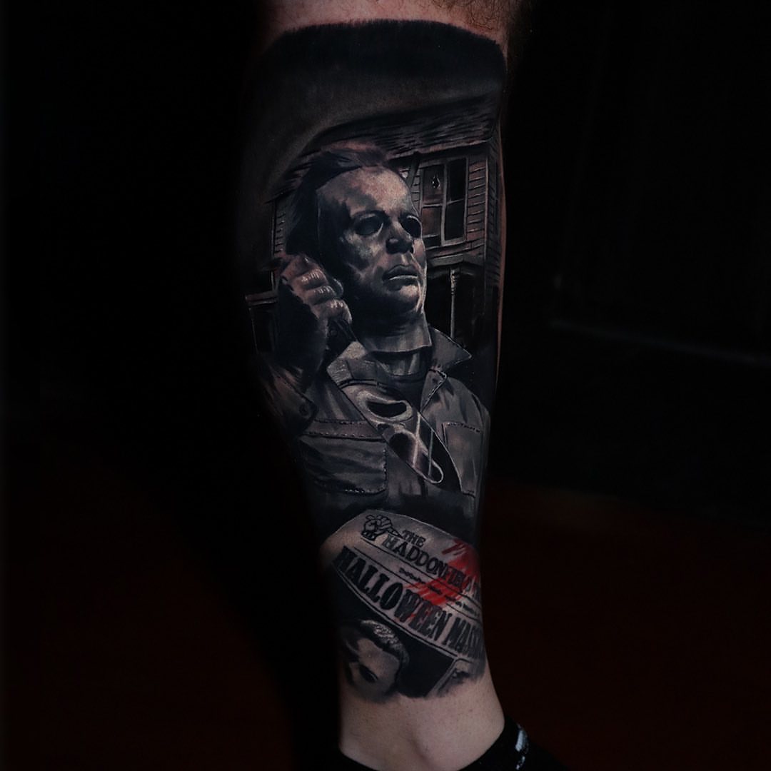 Michael Myers realism tattoo on the forearm by Pigmentpirate