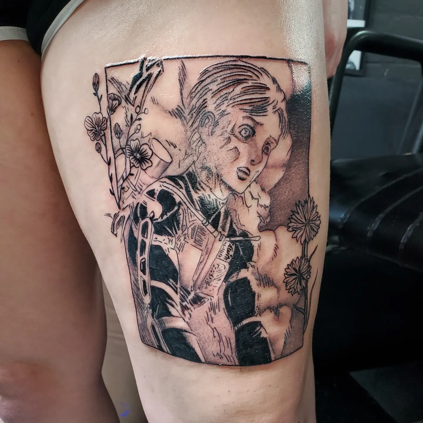 Tattoo by @haileysharpstabs — anime, illustrative