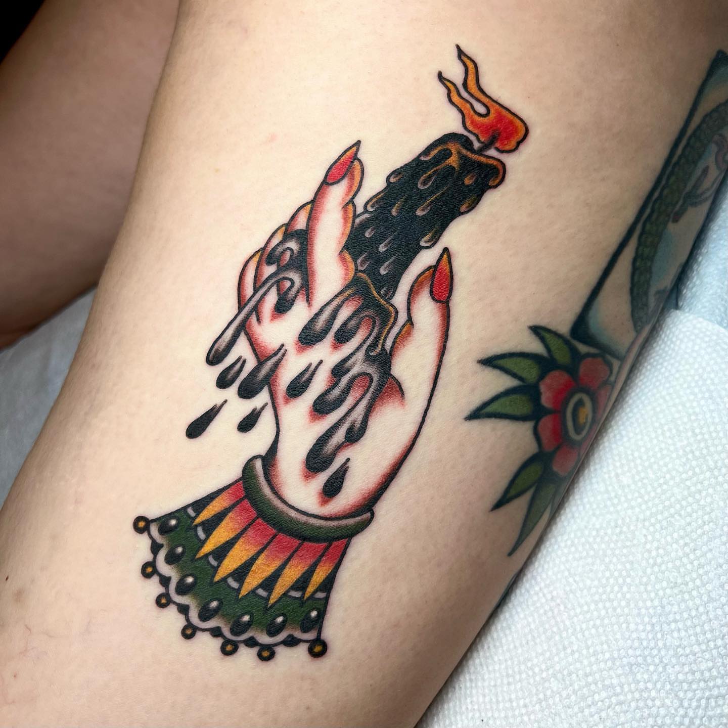 Burning candle American traditional tattoo on the forearm by 🍓miranda joon bradbury🍓