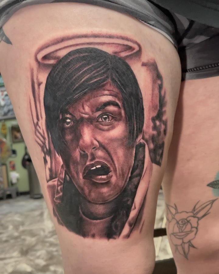 Portrait of a man realism tattoo on the thigh by Billy Harris