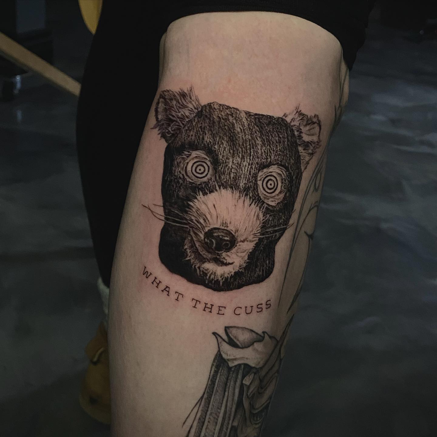 Bear black and grey tattoo on the calf by Sydney Dixon, Sacramento, California