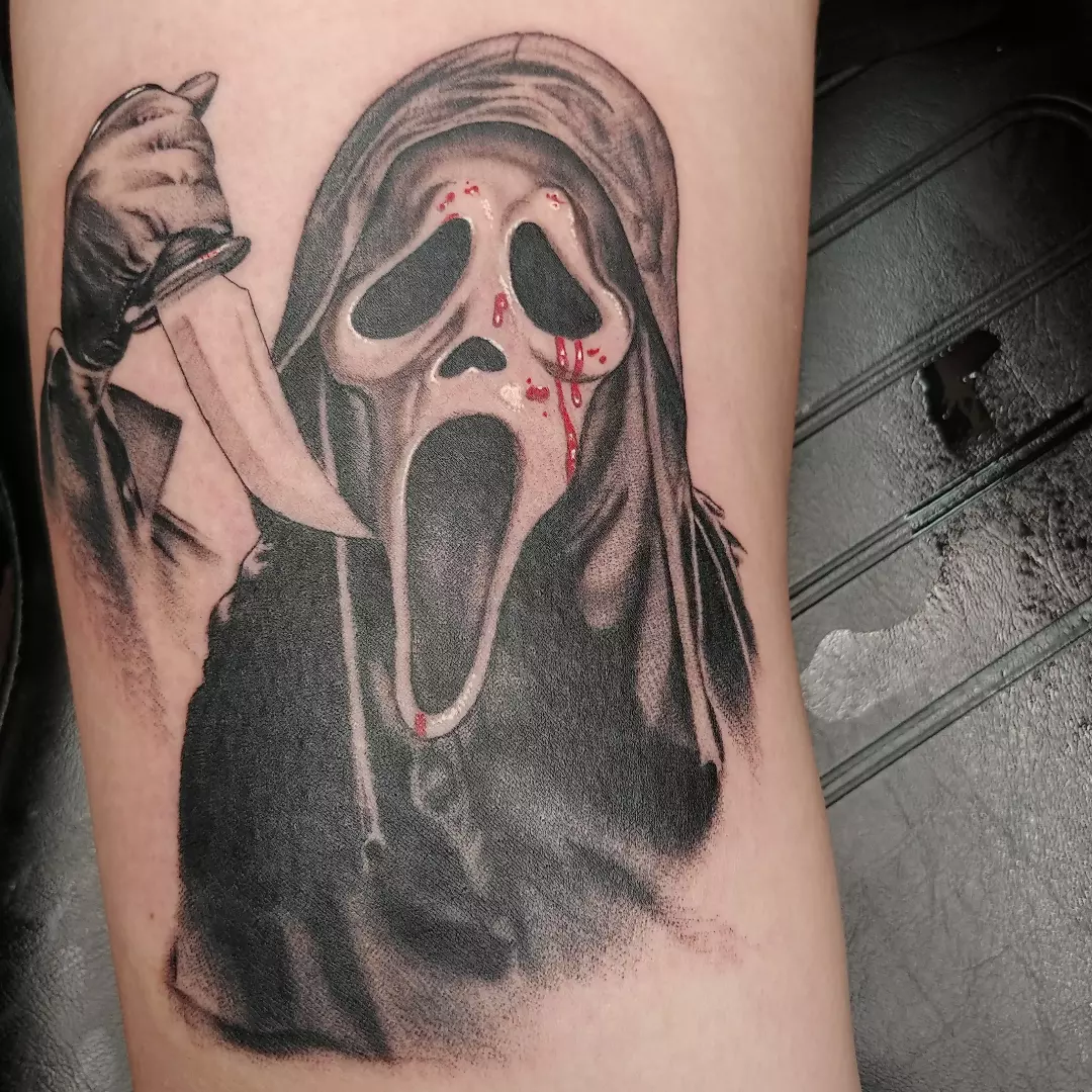 Scream Ghostface realism tattoo on the forearm by CASEY JENSEN ✨ Fort Collins CO