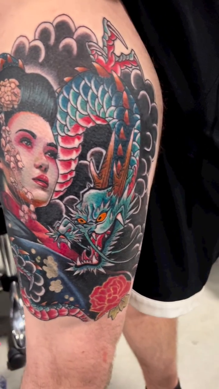Geisha and dragon japanese irezumi tattoo by Brad Hill, Franklin, Tennessee