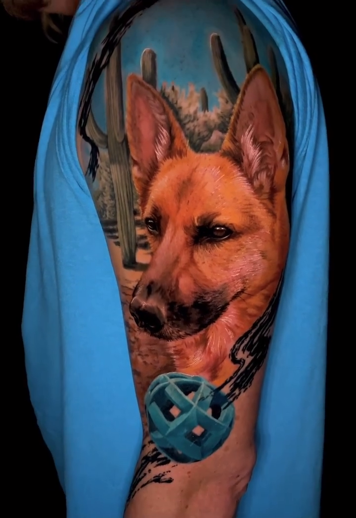 German Shepherd dog portrait realism tattoo by Sean Flood