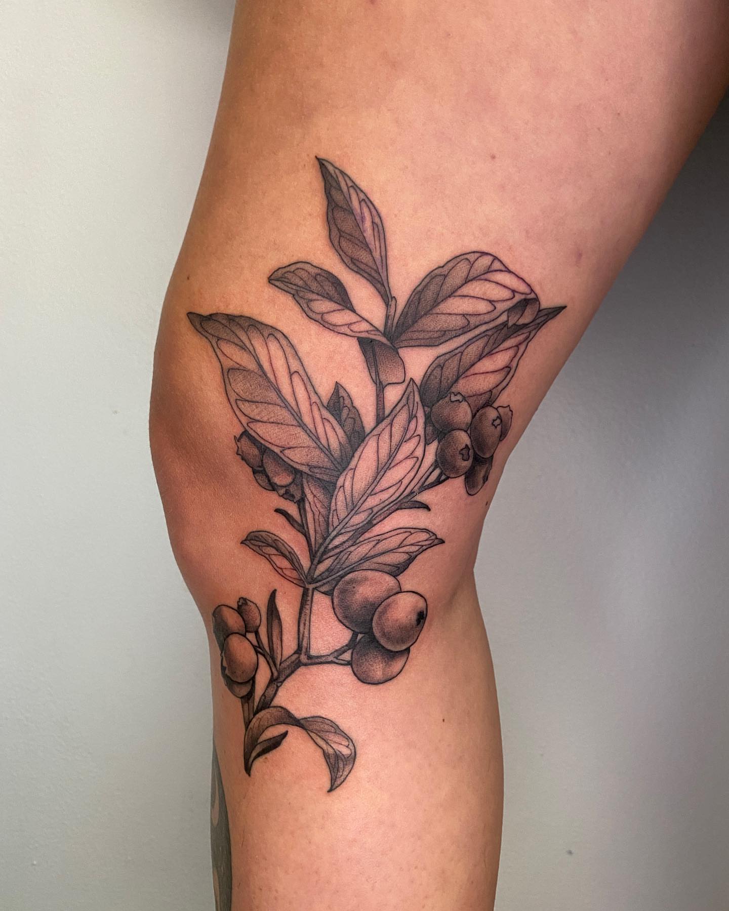 Berry plant black and grey tattoo on the thigh by Tattoo Artist
