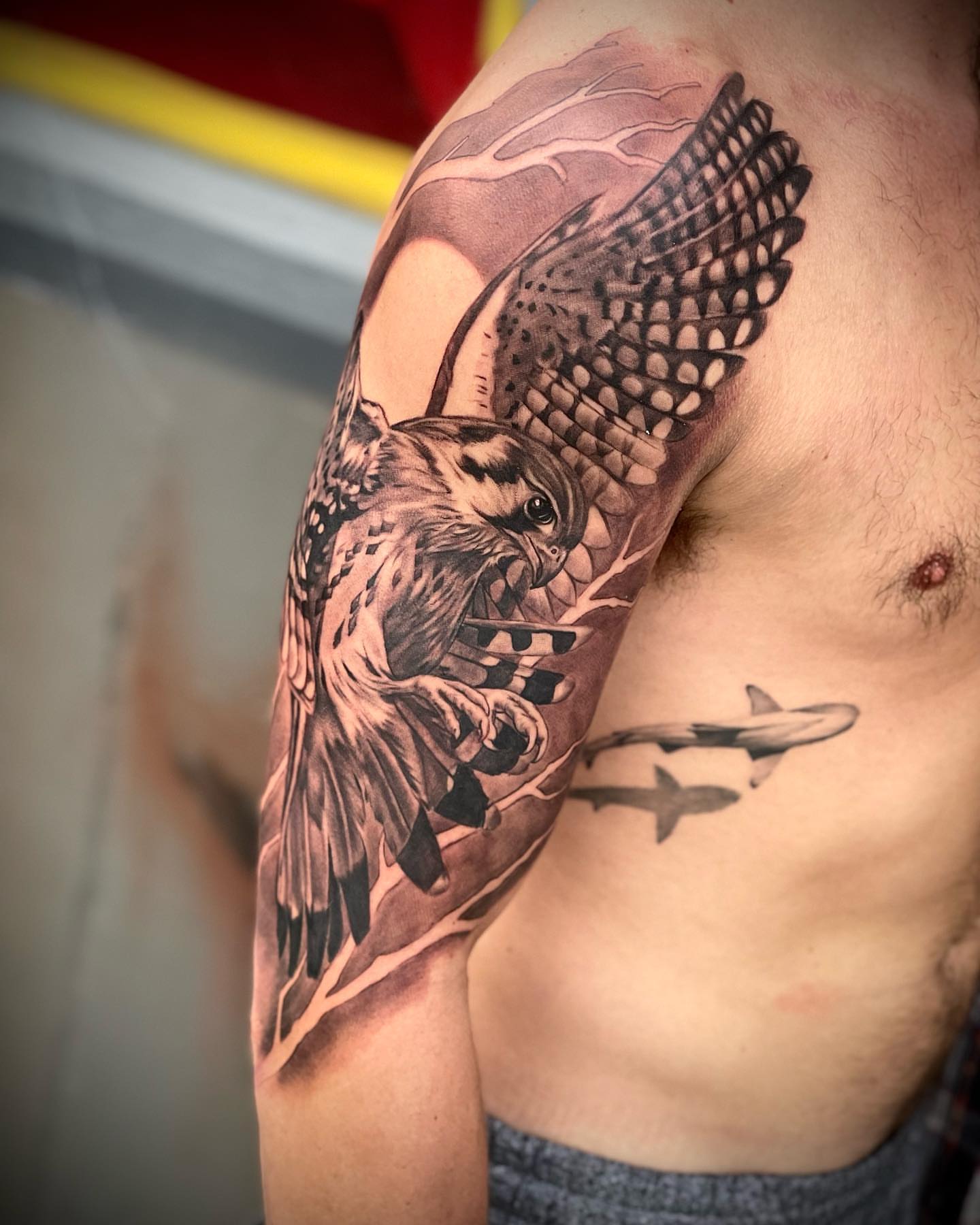 Hawk realism tattoo on the shoulder by Jerm Rekow