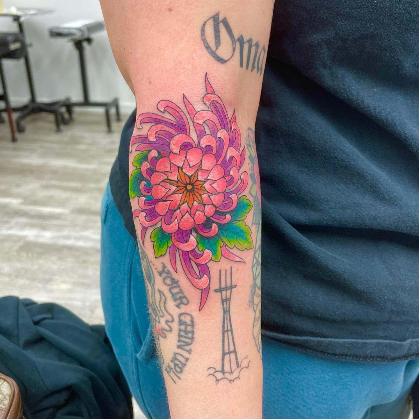 Chrysanthemum japanese irezumi tattoo on the forearm by Mister Joe Joe Frisco Tattoo, San Francisco, California