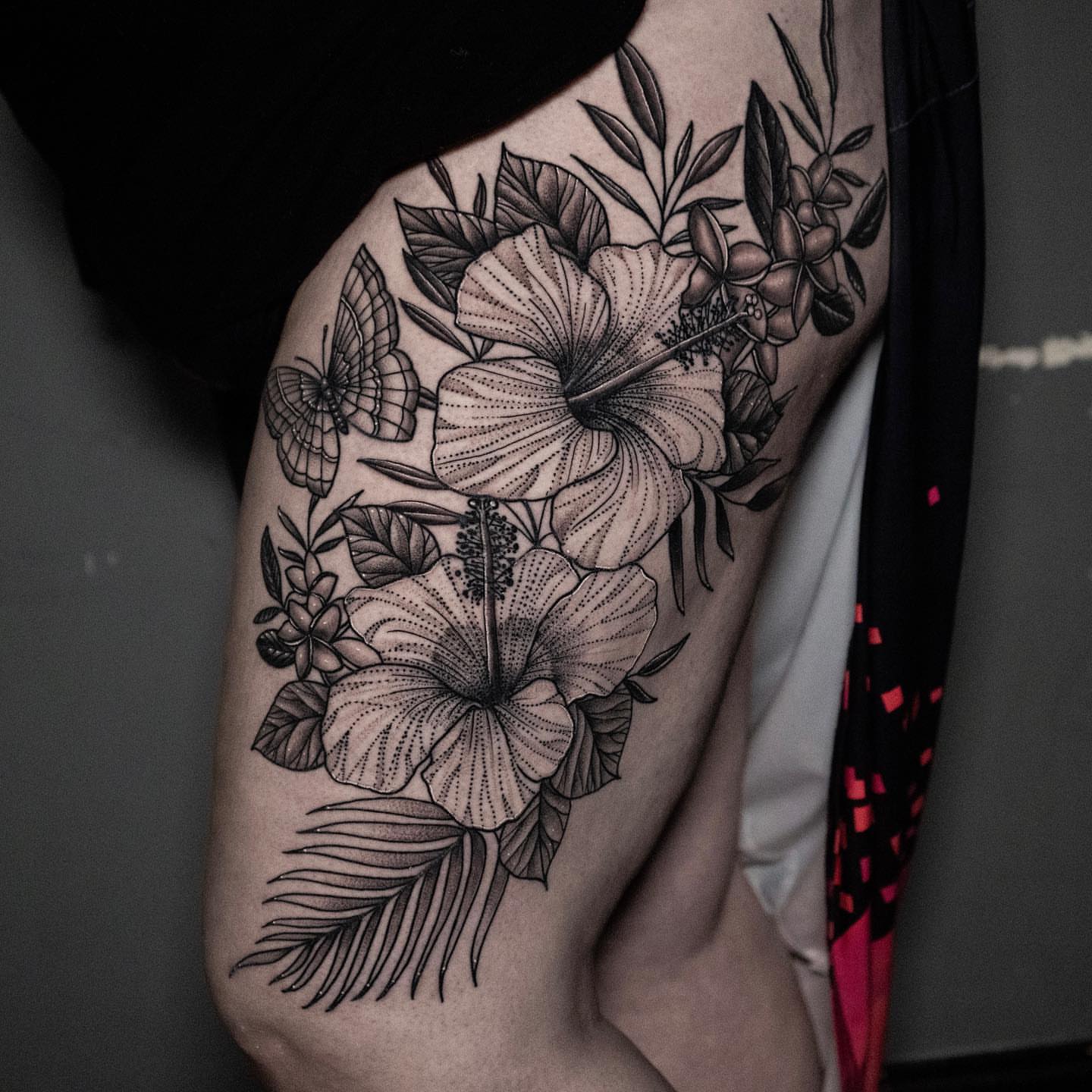 Floral arrangement dotwork tattoo on the shoulder by all gas no brakes! no days off!