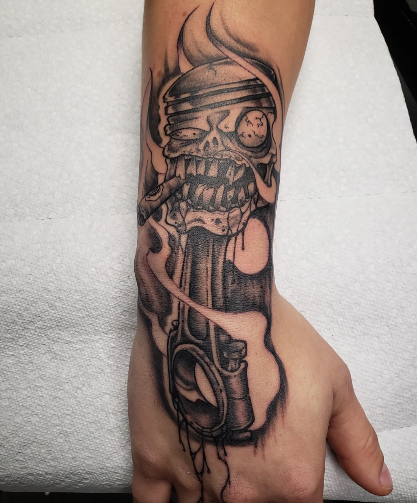 Mechanical skull realism tattoo on the forearm by Chicagoland Tattoo artist - Dany Rojas