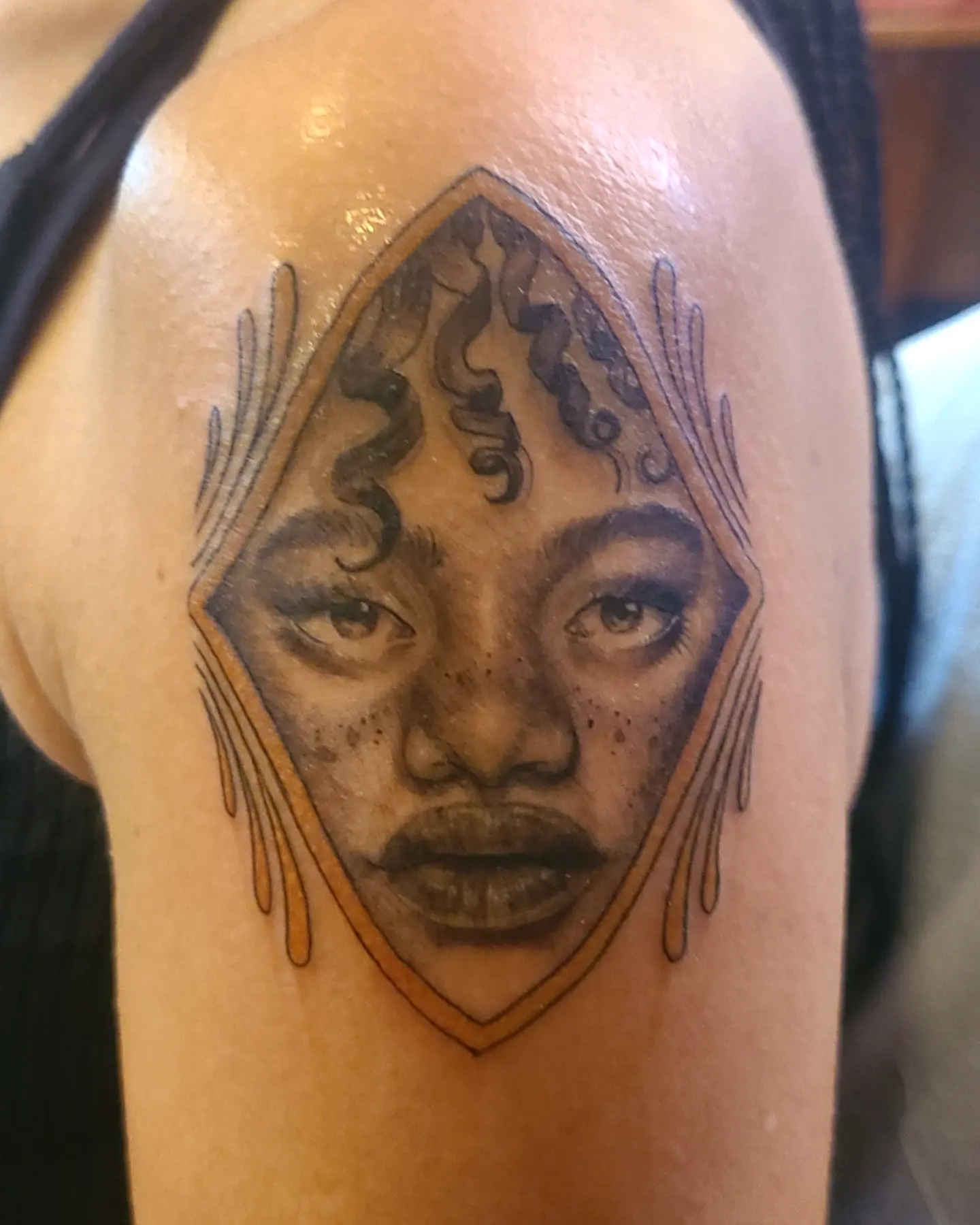Woman's face realism tattoo on the shoulder by Robert Kraiza - Philadelphia Tattoo Artist