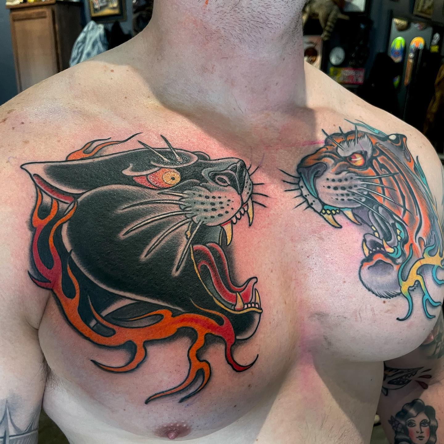 Panthers American traditional tattoo on the chest by Tony Medellin 7X9X
