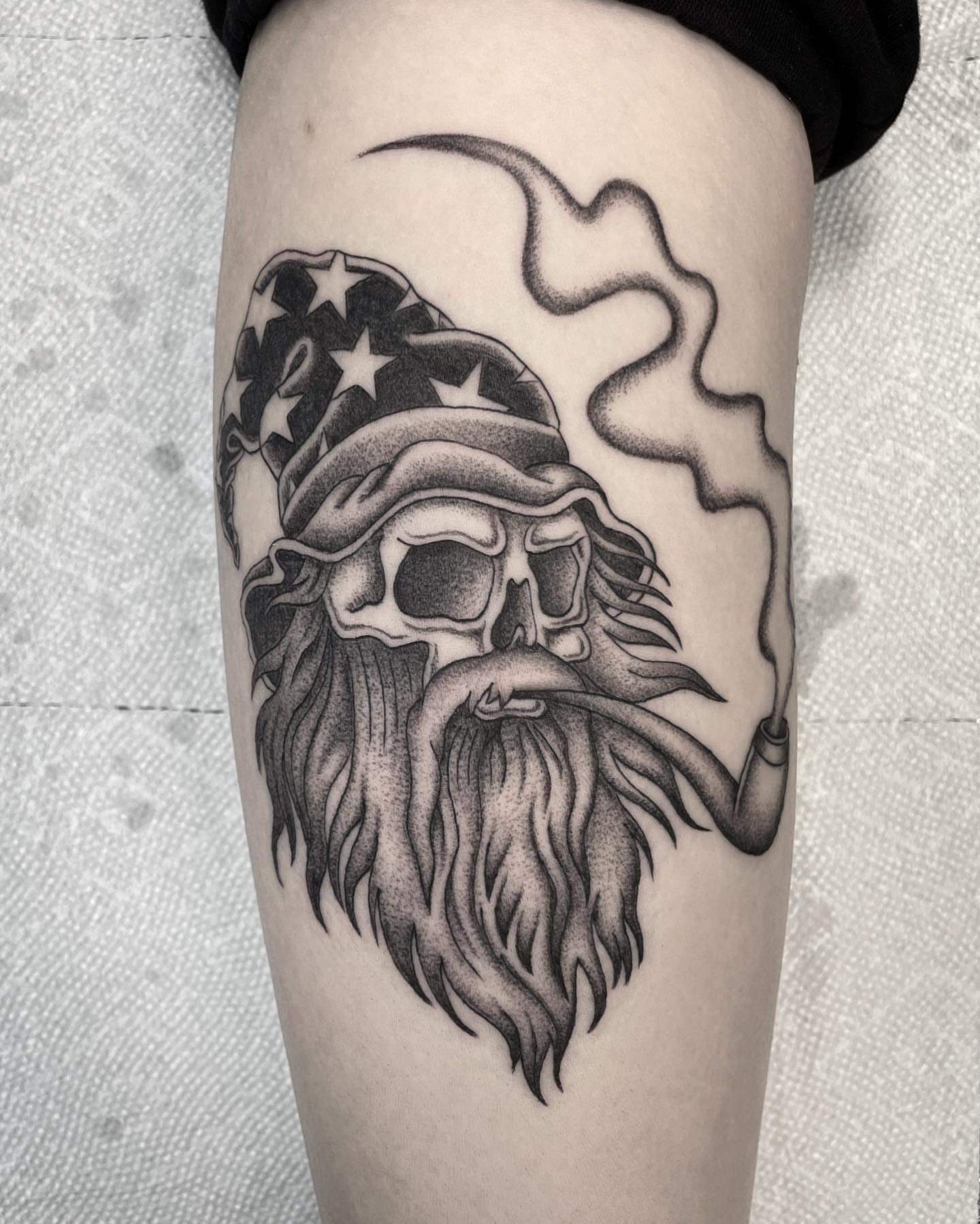 Bearded skull with American flag hat American traditional tattoo on the forearm by Jenn ★ Reid