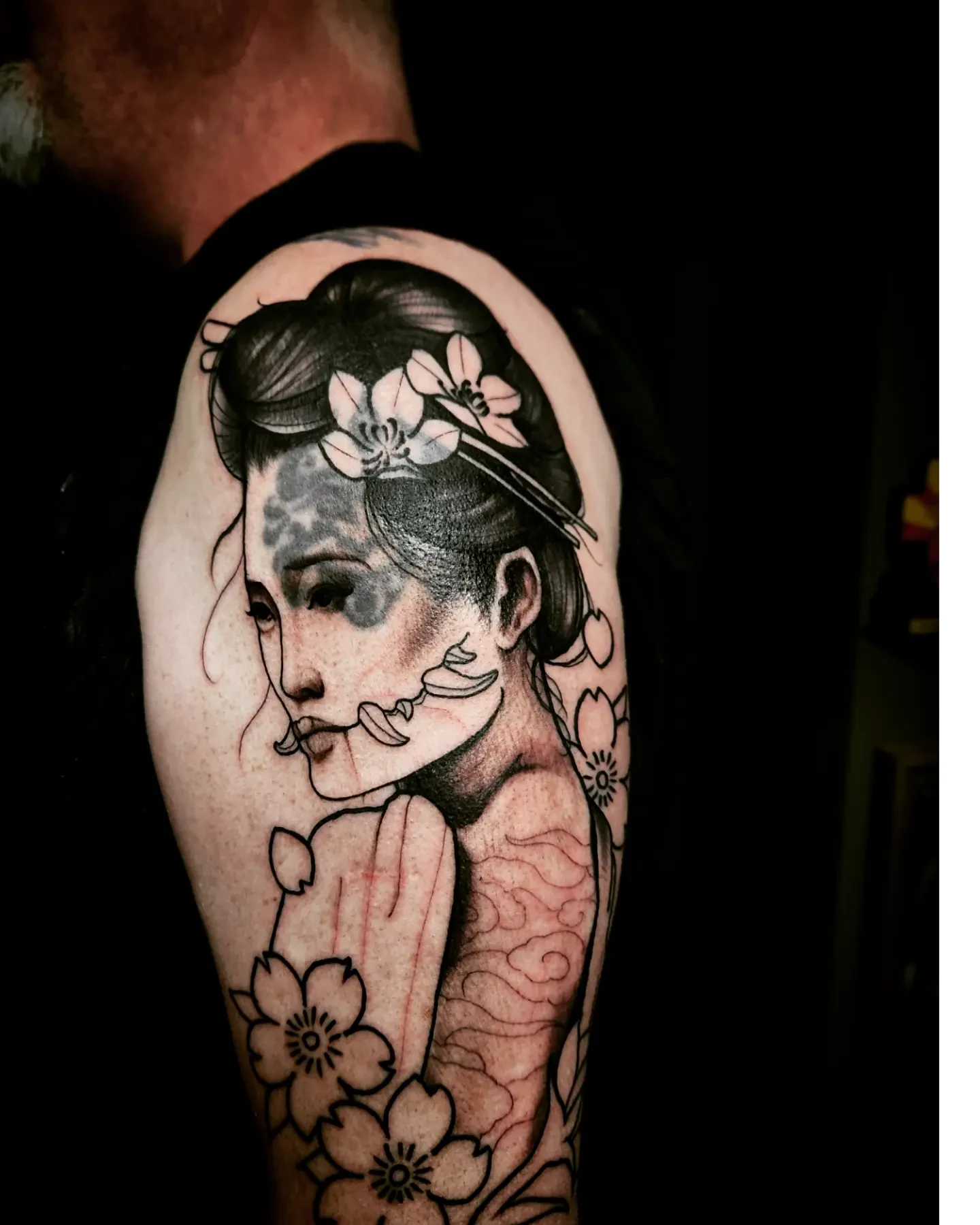 Geisha portrait japanese irezumi tattoo on the upper arm by Ben Friday, Phoenix, Arizona