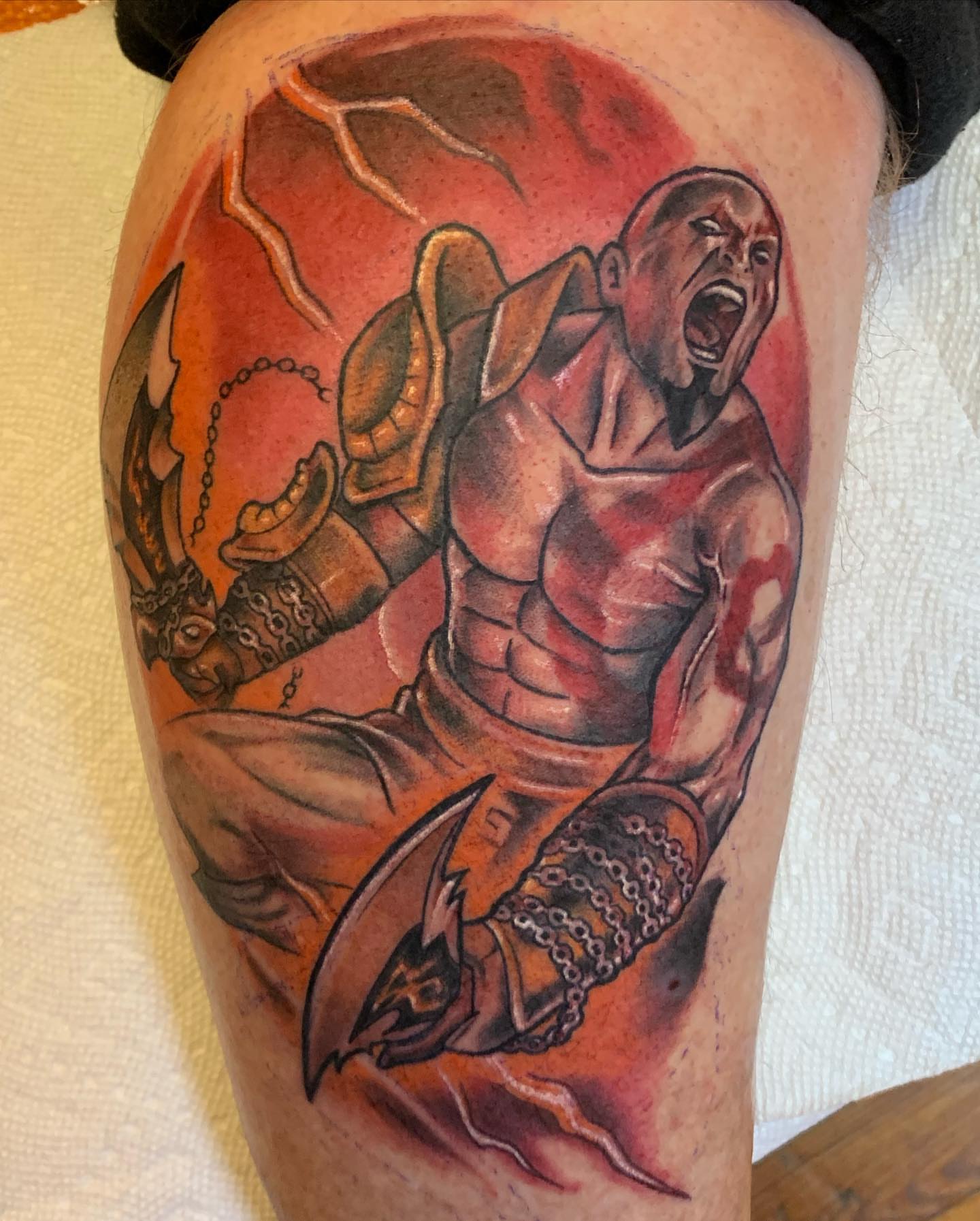 Warrior realism tattoo on the thigh by Brad Sterling