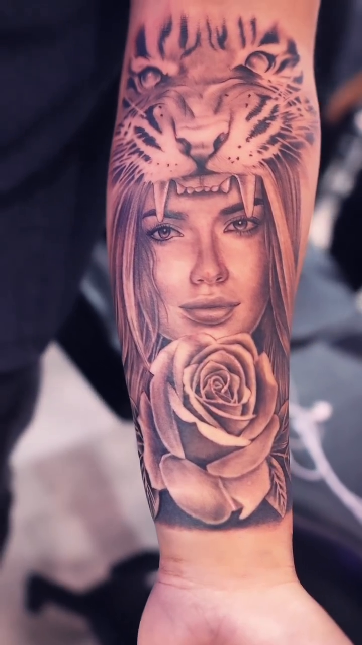 Woman with tiger headdress and rose realism tattoo by Artfabn
