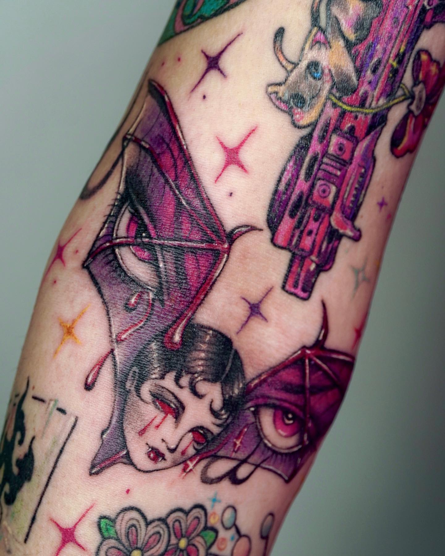 Woman with bat wings American traditional tattoo on the forearm by 吳盈慧, Los Angeles, California