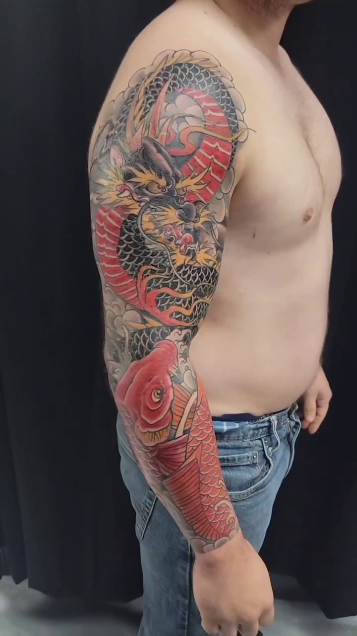 Dragon and koi fish sleeve japanese irezumi tattoo by James Vaughn