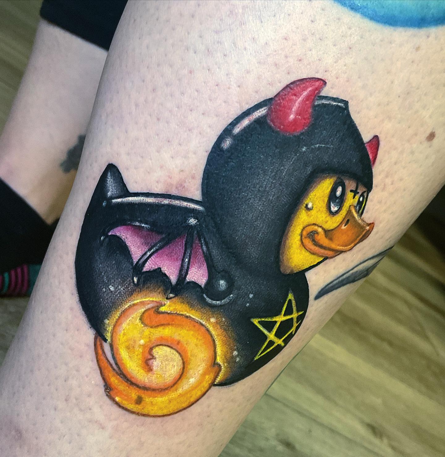 Duck with horns dark realism tattoo on the forearm by Angell Tattoo Artist, Denver, Colorado