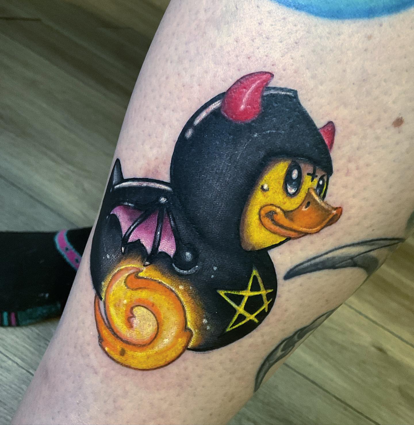 Duck with horns dark realism tattoo on the thigh by Angell Tattoo Artist, Denver, Colorado