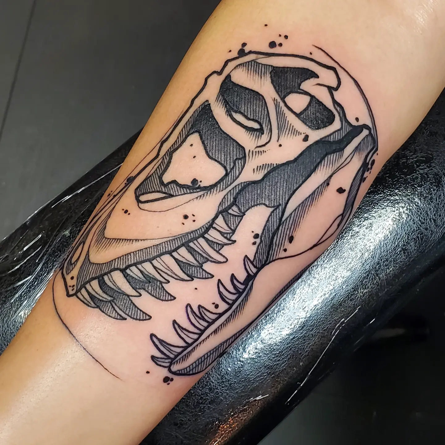 Dinosaur skull black and grey tattoo on the forearm by Brian Savage, Gilbert, Arizona
