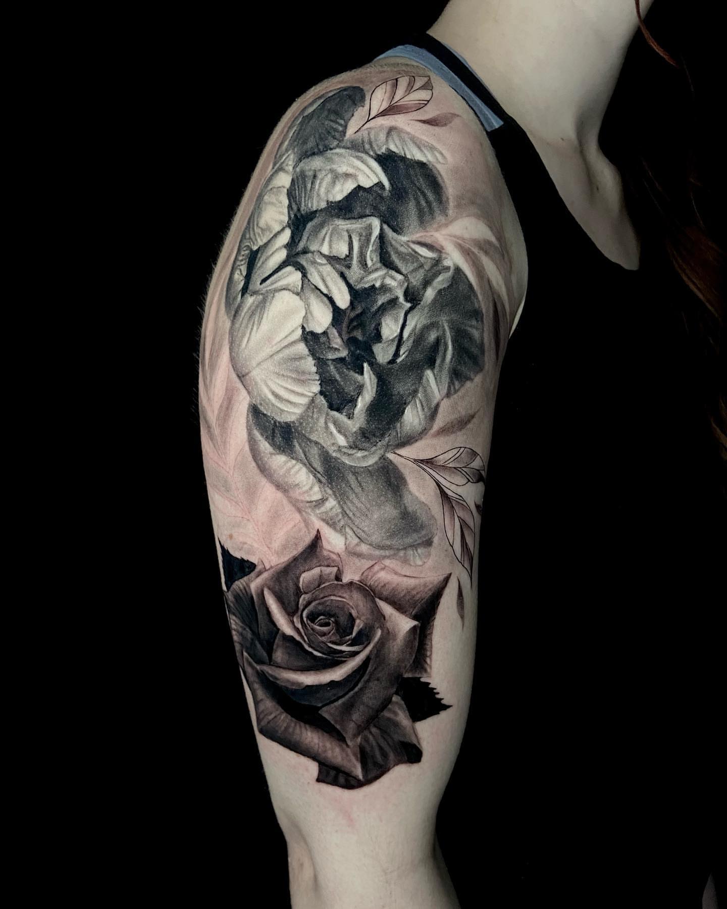 Rose and peony realism tattoo on the forearm by Jules, Arlington, Texas