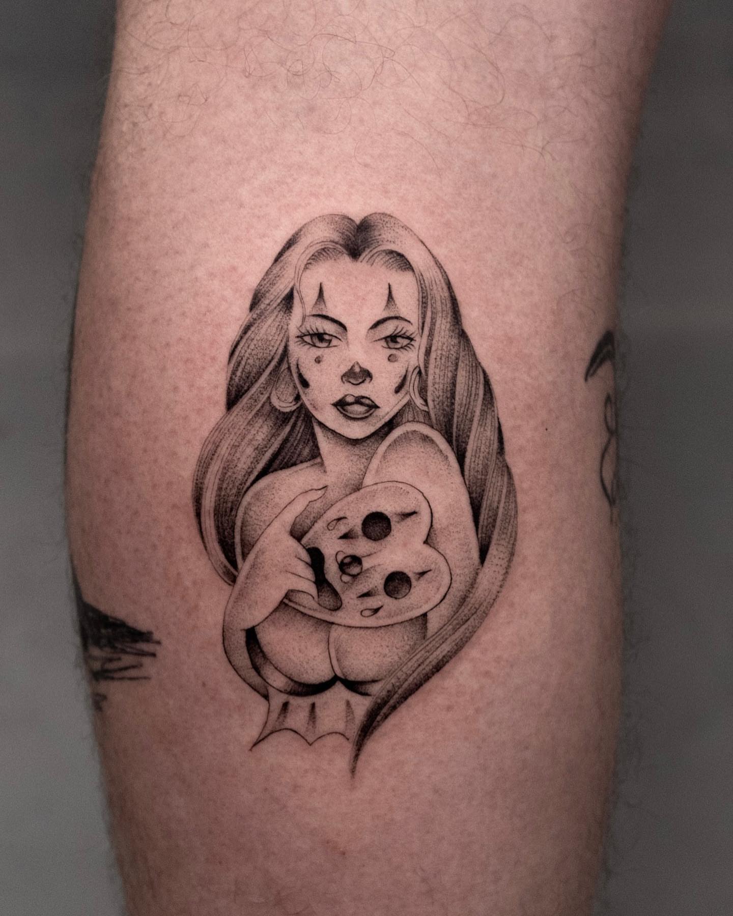 Woman holding pizza black and grey tattoo on the forearm by Chriscalibur