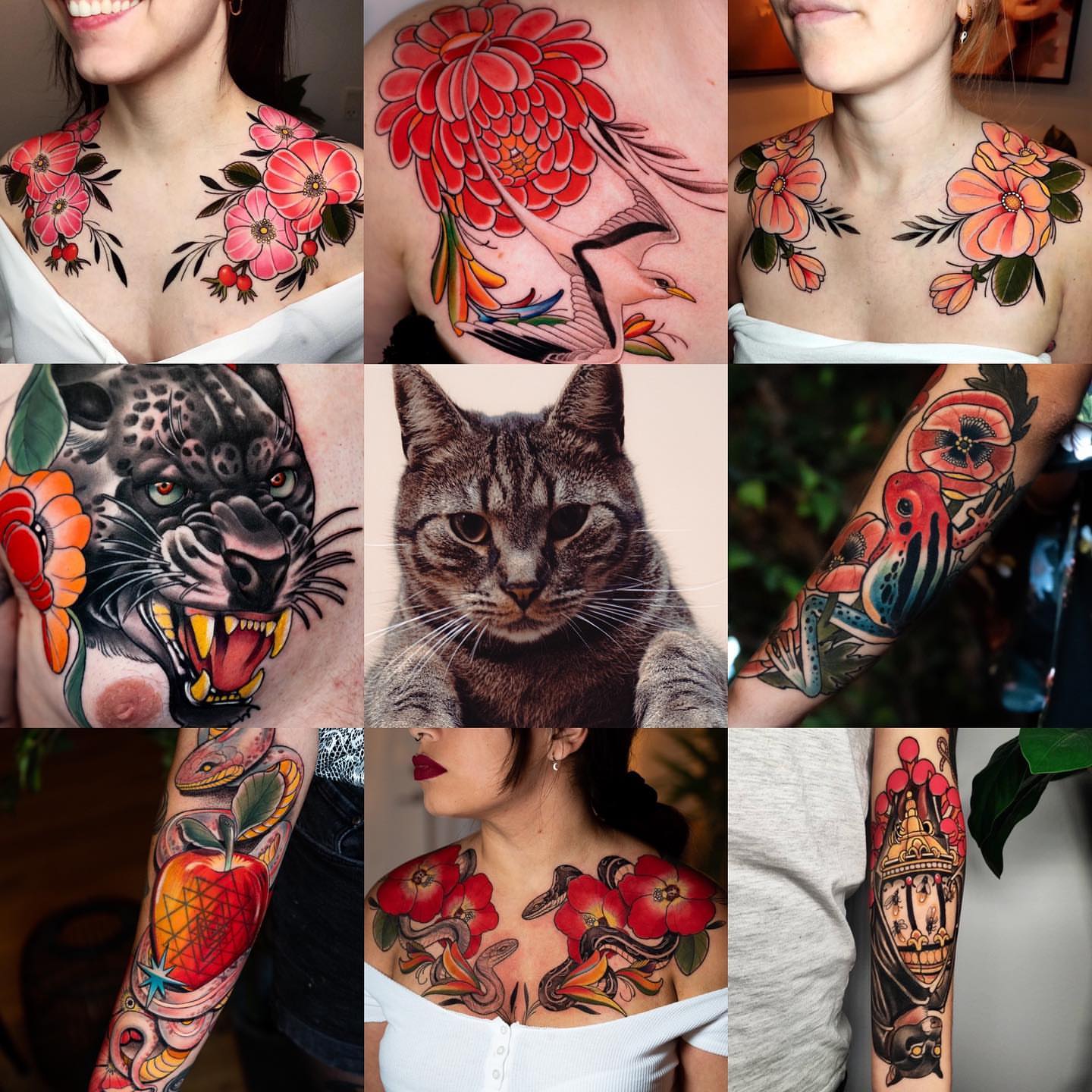 Cat American traditional tattoo on the chest by Andres Acevedo, Denver, Colorado