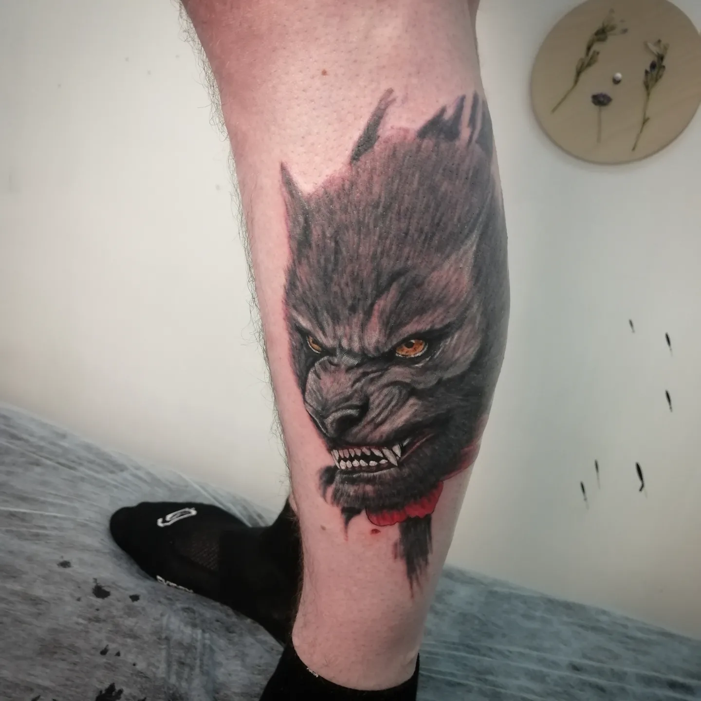Wolf head realism tattoo on the calf by Ivan Grinevich