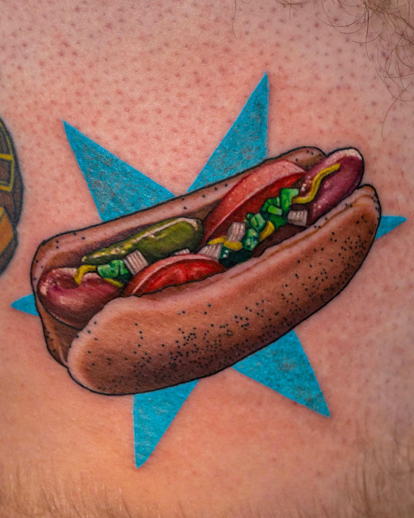 Hot dog American traditional tattoo on the torso by Jaime Navarro