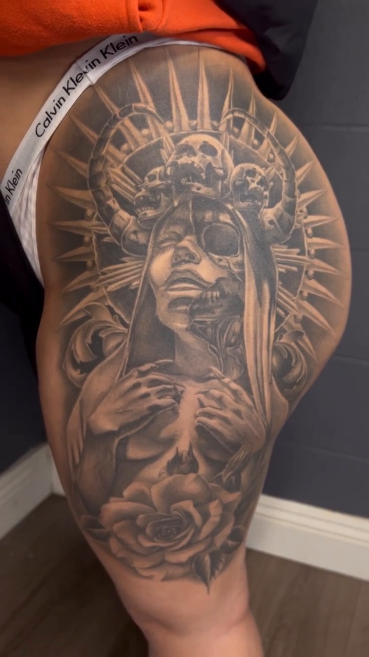 Female figure and skull dark realism tattoo by Kyle Lopez, Union City, California