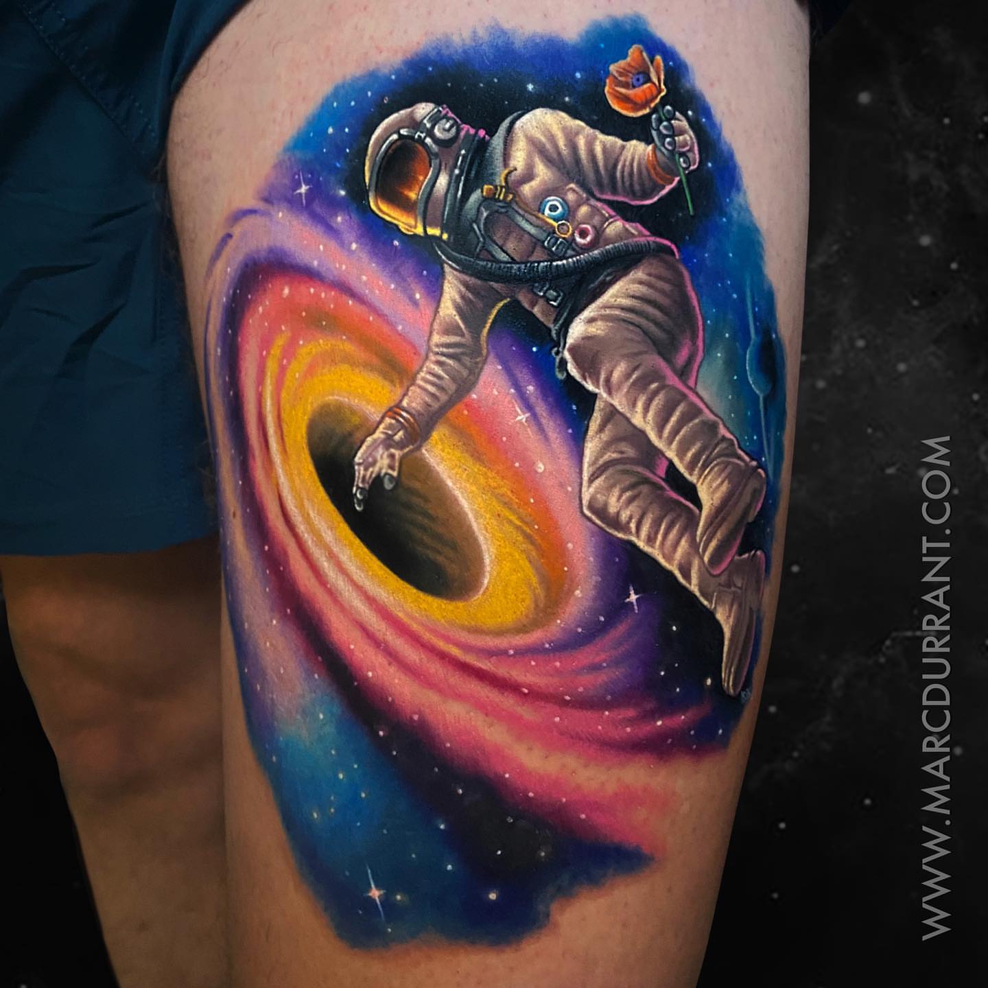 Astronaut in space realism tattoo on the thigh by ᴍᴀʀᴄ ᴅᴜʀʀᴀɴᴛ, Los Angeles, California