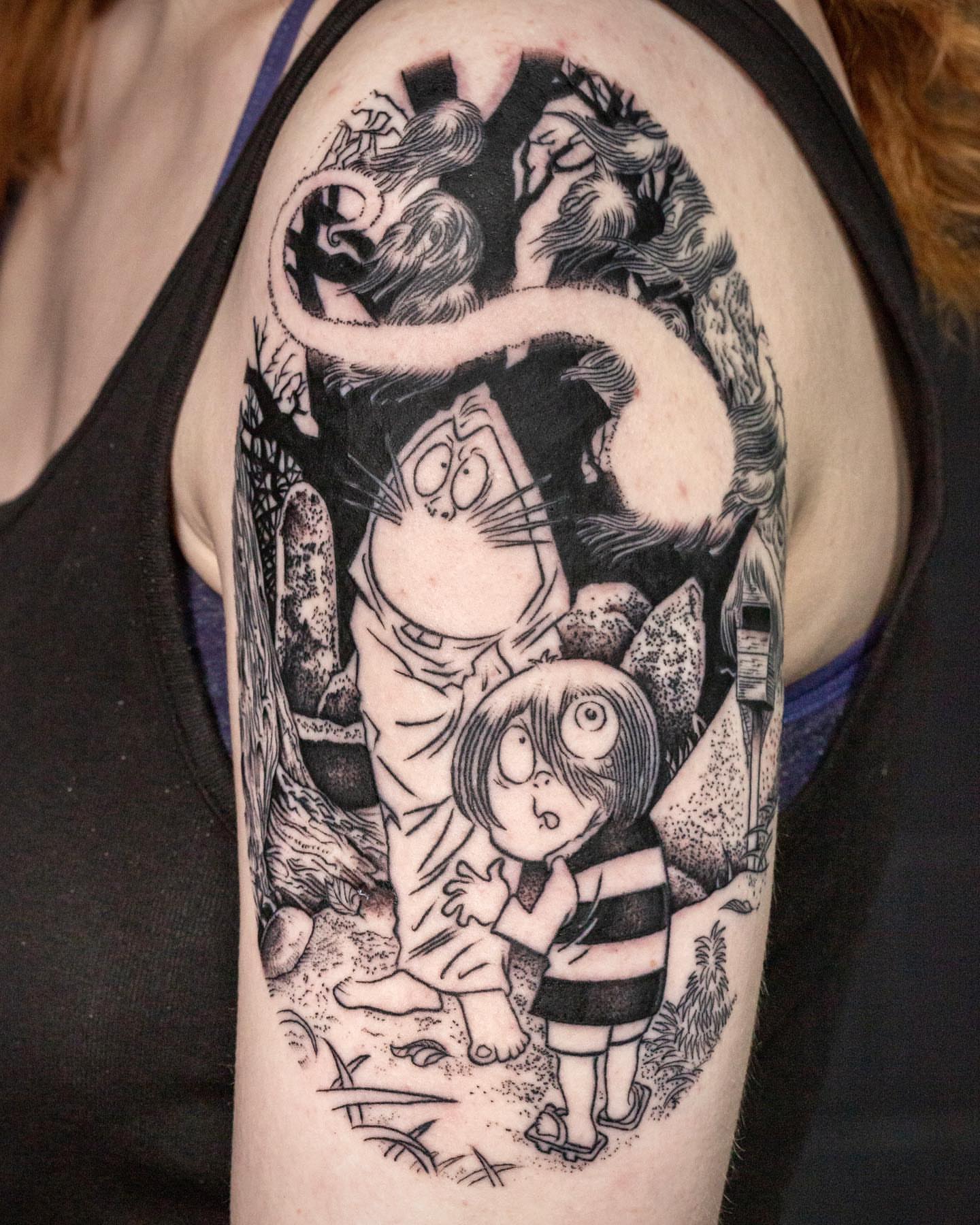 Corpse Bride characters anime tattoo on the upper arm by Jaime Navarro