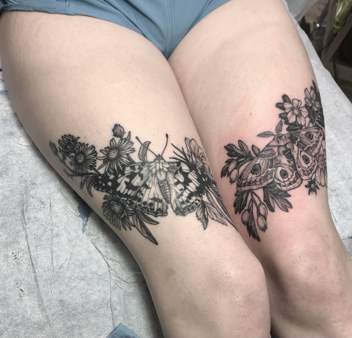 Butterflies and flowers realism tattoo on the thigh by Cassidy Depew, Seattle, Washington