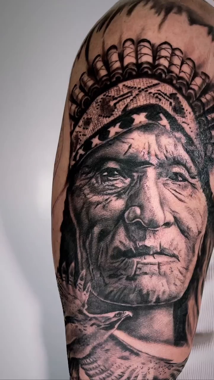 Native American man realism tattoo by Kelsea Lake Schack