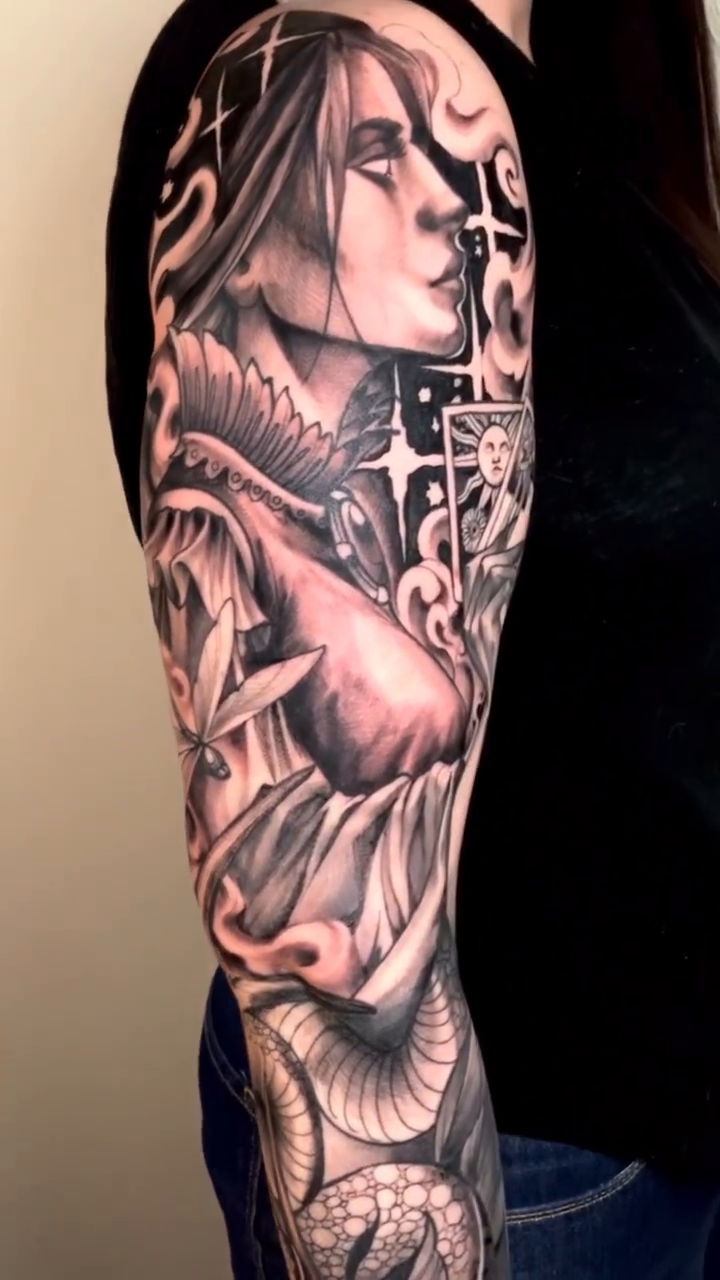 Woman with snake and celestial elements dark realism tattoo by ⚔ Dylan Smith ⚔, Richmond, Virginia