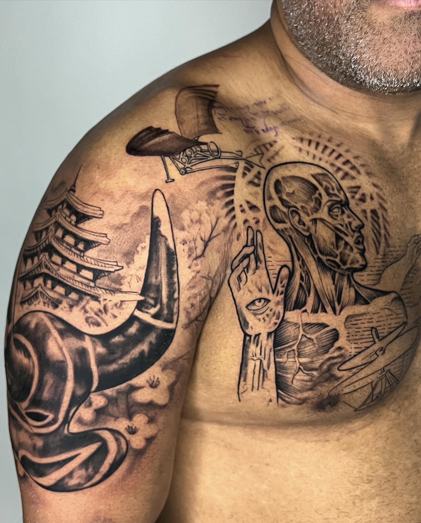 Astronaut and alien realism tattoo on the chest by Luisd_art, Charlotte, North Carolina