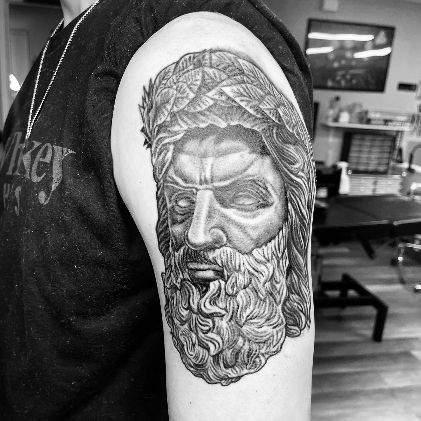 Ancient god realism tattoo on the shoulder by Ohio Realism Tattoo Artist