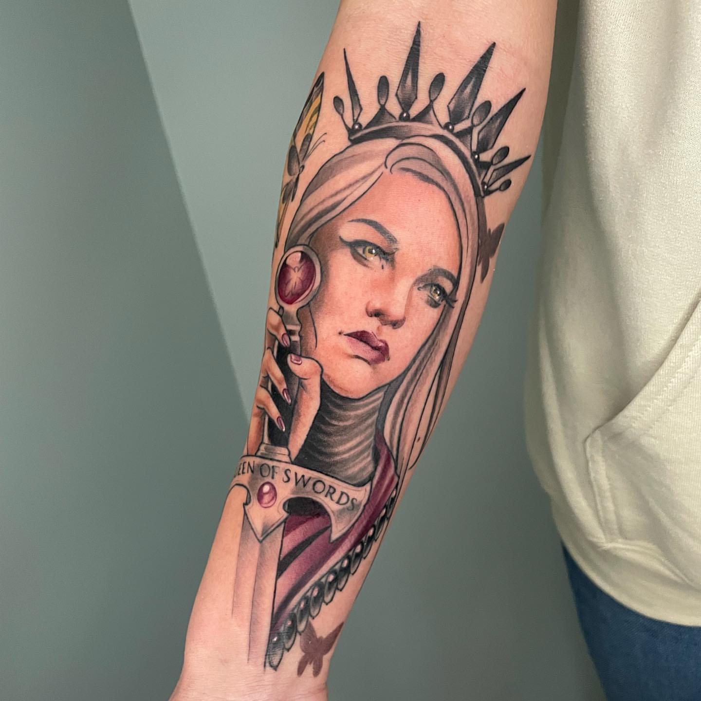 Queen of swords realism tattoo on the forearm by Angel, Salt Lake City, Utah